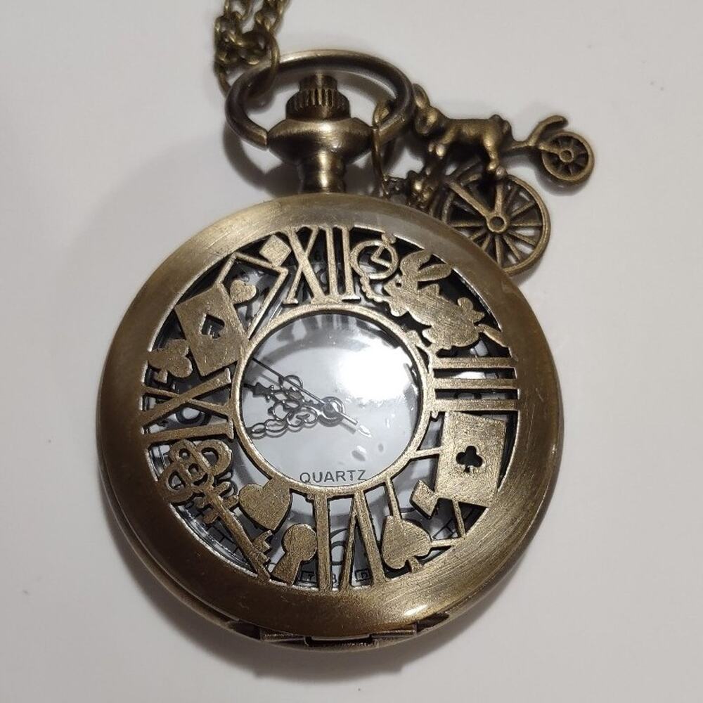Genuine Bronze Pocket Watch Alice In Wonderland W/ Charm Christmas Birthday Gift